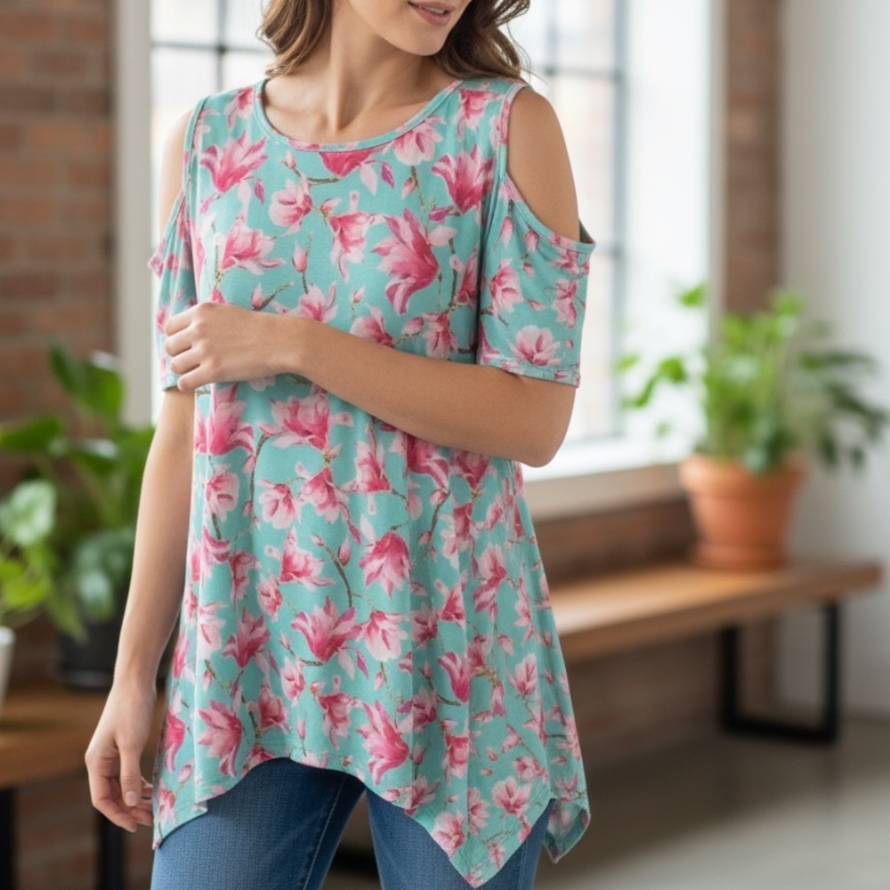 LBISSE Women's Cold Shoulder Floral Blouse Aqua Pink XL NEW
